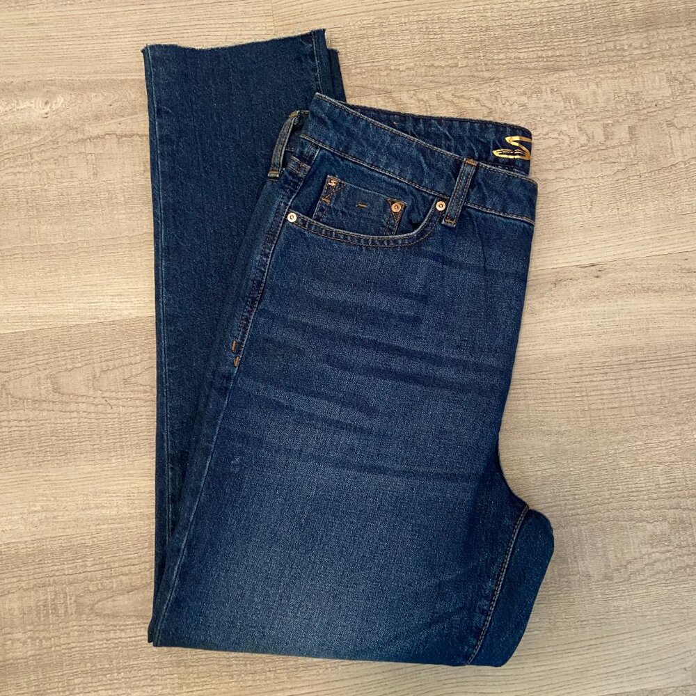 Seven7 Womens Marilyn Boyfriend Jeans Size 12 Distressed Fray Hem Dark Wash